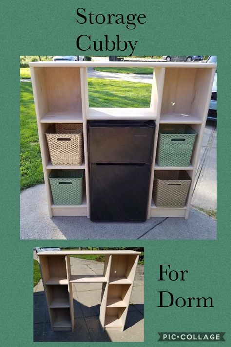 Storage Cubby for dorm room with designations for refrigerator, microwave, keurig and baskets for odds/ends. Classroom Fridge And Microwave, Diy Dorm Kitchenette, Dorm Organization Hacks Storage Bins, Dorm Tv Stand Ideas, Dorm Mini Fridge Storage, Dorm Refrigerator Ideas, Dorm Fridge And Microwave Storage, Dorm Room Fridge Set Up, Dorm Room Coffee Station