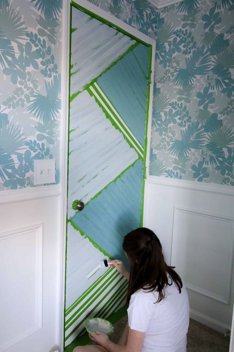 How to paint a pattern on a door - Geometric Painted Door - Charleston Crafted #frogtape #painteddoor #patterneddoor #geometricdoor Painted Bathroom Door Ideas, Cool Door Painting, Door Painting Ideas Creative, Painted Doors Interior Creative, Doors Painting, Painted Bedroom Doors, Door Painting Ideas, Paint Doors, Painting Doors