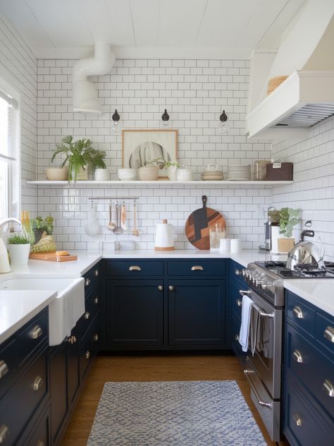 27 Navy Blue Kitchen Cabinets – Your Motor Geek White Upper Kitchen Cabinets Navy Blue Lower, Navy Accent Kitchen, White Kitchen With Navy Accents, Kitchens With Peninsulas, Navy And White Kitchen, Kitchen With Blue Cabinets, Dark Blue Kitchen Cabinets, Navy Kitchen Cabinets, Navy Blue Kitchen Cabinets