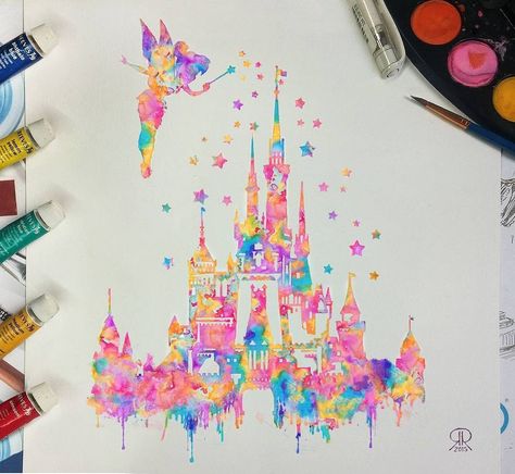 “Watercolorist: @ronaldrestituyo #waterblog #color #art #paint” Tattoo Disney, Castle Silhouette, Castle Tattoo, Tattoo Watercolor, Disney Tinkerbell, Gif Disney, Watercolor Blog, Cool Small Tattoos, Disney Artwork