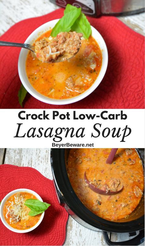 Keto Lasagna Soup - Creamy, rich, and meaty make this crock pot low-carb lasagna soup recipe a hearty one I will make over and over. #keto #lowcarb #crockpot #lasagnasoup #soup #ketosoup Keto Lasagne, Soup Keto, Soup Creamy, Low Carb Crock Pot Recipes, Low Carb Lasagna, Lasagna Soup Recipe, Crockpot Lasagna, Keto Lasagna, Easy Crockpot Chicken