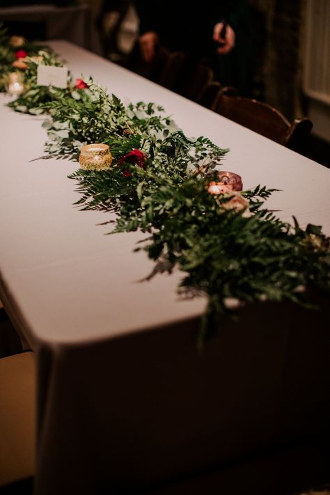 Table runner garlands of ferns and organic greenery. Nashville wedding floral design. Pine Table Runner Wedding, Fern Garland Wedding, Fern Table Runner, Long Table Centerpieces, Wedding Table Garland, Winter Garland, Table Garland, Winter Ball, Rustic Party