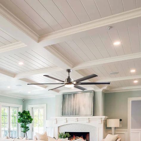 72'' Balagan 6 - Blade Standard Ceiling Fan with Remote Control and Light Kit Included Beams Living Room, Living Room Ceiling Fan, Shiplap Ceiling, White Beams, Plank Ceiling, Best Ceiling Fans, Remote Control Light, Ceiling Treatments, Kitchen Ceiling