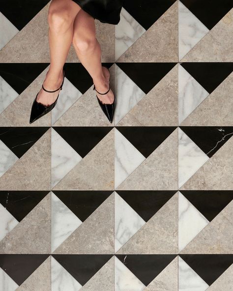 Marble Triangles Signature Marble Collection Tile - Otto Tiles & Design USA House Floor Design Tiles, Marble Wall Pattern, Art Deco Floors, Triangle Floor Pattern, Art Deco Floor Tile, Bathroom Patterned Floor Tiles, Modern Marble Floor Pattern Design, Square Patterns Design Geometric, Modern Tile Floors