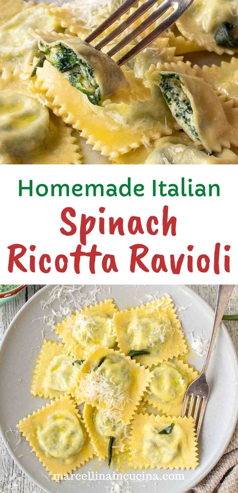 These delicate Italian ravioli are filled with rich, creamy ricotta, spinach, savory Parmigiano Reggiano cheese and a touch of nutmeg. #Ravioli #Homemade #SpinachRicottaRavioli Ravioli Recipe Filling, Spinach Ricotta Ravioli, Ravioli From Scratch, Ravioli Homemade, Cheese Ravioli Recipe, Italian Ravioli, Ravioli Recipe Homemade, Spinach And Cheese Ravioli, Spinach And Ricotta Ravioli