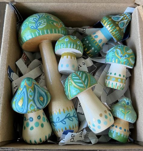 Wood Mushrooms, Painted Mushrooms, Wooden Mushrooms, Gnome Village, Mushroom Paint, Mushroom Crafts, Curated Home, Paint Acrylic, Mushroom Decor