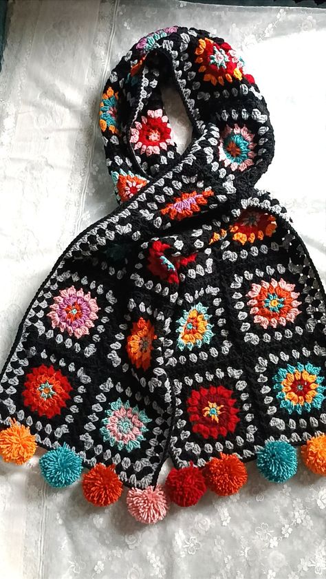 This crocheted colorful square patterned wool winter scarf, You can gift it to yourself or to your loved ones if you want. It will both keep you warm and make a difference length 1.90 meters width: 35 cm Crochet Square Pattern, Granny Square Häkelanleitung, Crochet Scarfs, Scarf Knitted, Crochet Mignon, Confection Au Crochet, Mode Crochet, Winter Shawl, Pattern Scarf