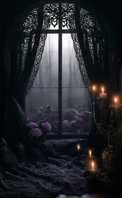 Magic Cottage, Fantasy Interior, Boarding Up Windows, Goth Room, Purple Goth, Cozy Things, Gothic Windows, Gothic Garden, Dark House