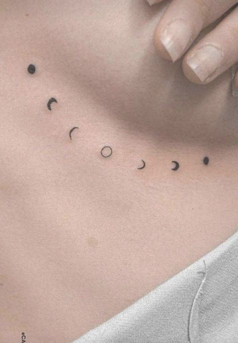 Cute Moon Phases Tattoo, Moon And Space Tattoo, Moon Behind Clouds Tattoo, Moon Tattoo Chest Woman, Unique Space Tattoos, Minimal Space Tattoo, Small Moon Phase Tattoo, Time And Space Tattoo, Tattoo Around Breast