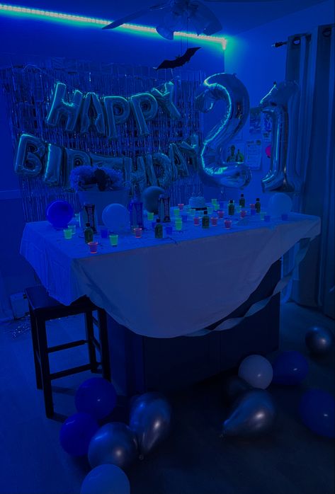 21st birthday, birthday decorations, surpise party decorations, turning 21, neon party, college party decorations, college house House Party Decorations College, College Birthday Party Themes, 21st House Party Ideas, Blue 21st Birthday Ideas, College Party Decorations, College Birthday Party Ideas, Guys 21st Birthday, Suprise Birthday, House Party Decorations