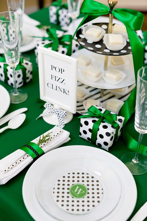 Kate Spade Holiday Party by Pizzazzerie.com Kate Spade Christmas, Graduation Brunch, Green Tablescape, Kate Spade Party, Brunch Party Decorations, Brunch Decor, Pop Fizz Clink, Kate Spade Inspired, Diy Monogram