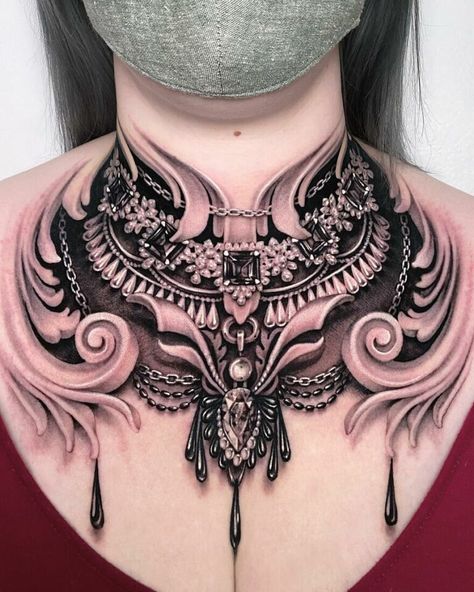 Chandelier Tattoo, Jewelry Tattoo Designs, Full Neck Tattoos, Ryan Ashley, Second Tattoo, Jewelry Tattoos, Chicanas Tattoo, Gem Tattoo, Create A Tattoo