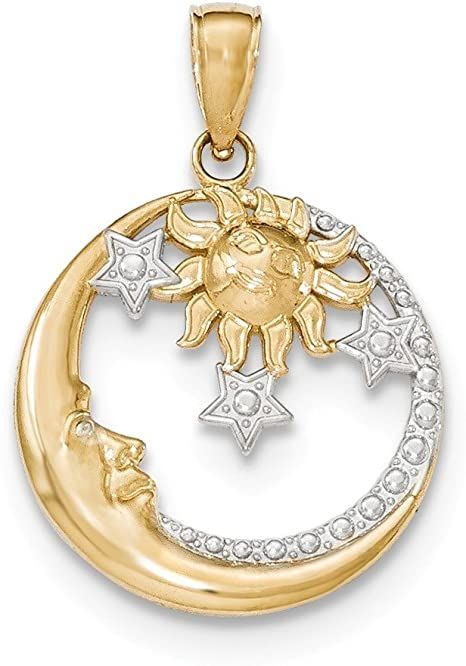 14k and Rhodium Diamond-Cut Moon, Stars, and Sun Pendant C Moon, Conch Earring, Sun Pendant, Bow Jewelry, Moon Jewelry, Moon Stars, Sun And Moon, Jewelry Companies, Gold Jewelry Fashion