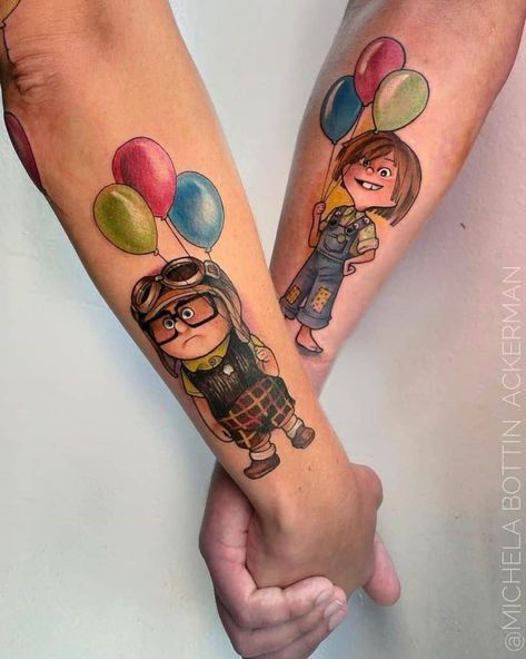 Couple Inspired Bright Forearm Love Tattoo Cute Couple Tattoo, Disney Couple Tattoos, Matching Love Tattoos, Couple Disney, Cute Couple Tattoos, Movie Tattoo, Saved Tattoo, Small Forearm Tattoos, Couple Tattoo