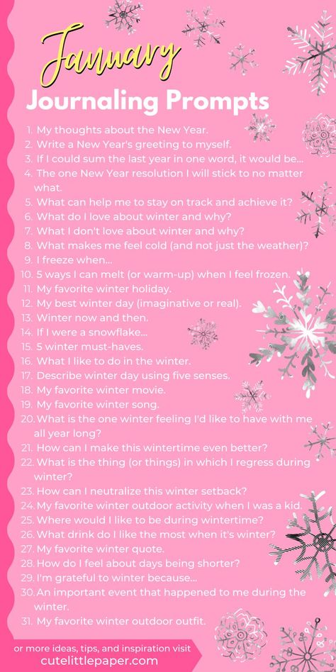 List of creative journaling prompts for January. 31 daily questions to write about in each day of January to connect with yourself on a new and deeper level. List Of Journaling Prompts. January Writing Challenge. Questions To Write About, January Journaling, Winter Journaling, Daily Journaling Prompts, January Writing Prompts, January Journal, January Writing, Challenge List, Winter Writing Prompts