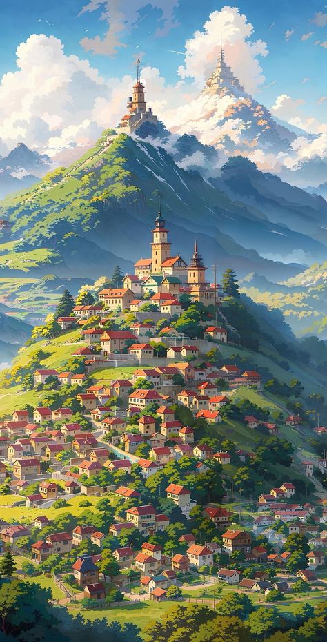 Re Village Wallpaper, Dnd Fantasy Art Landscape, Anime World Background, Crazy Landscapes, Dnd Landscape, Kingdom Landscape, Fantasy City Map, Solo Traveling, Fantasy Village