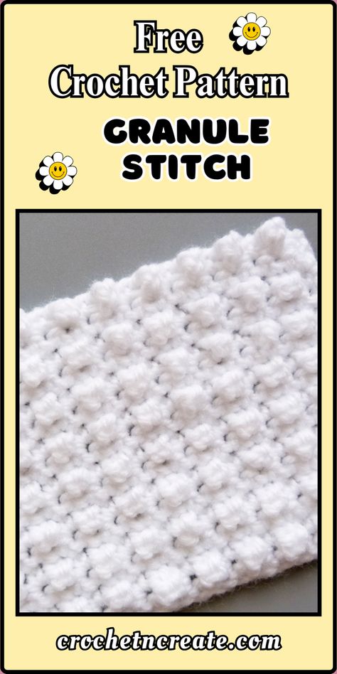 Free crochet instructions - Granule Stitch Tutorial on crochet 'n' create. Free fast, quick-easy-beginner-friendly pattern! 'Don't forget to save' Crochet Afghan Patterns Free Easy Quick, Beginning Crochet Tutorial Step By Step, Even Moss Stitch Crochet, Free Printable Crochet Patterns, Suzette Stitch Crochet, Argyle Crochet, No Sew Crochet Patterns, Crochet V Stitch, Crocheted Stitches