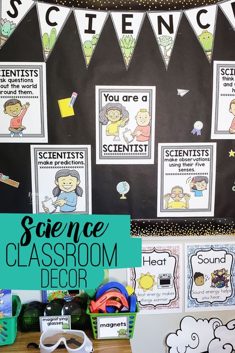 Science classroom decor is fun for students and teachers. Elementary classrooms look great with these free scientist posters. Also learn a few teacher tips for creating a science corner. Science classroom decorations are a great way to celebrate science. Kindergarten, first grade and second grade kids love these fun science posters. Science Week Decoration, Kindergarten Science Classroom Decor, 1st Grade Science Bulletin Board, Stem Corner In Classroom, Elementary Science Classroom Decorations, Science Signs For Classroom, Science Corner Kindergarten, Science Classroom Decorations Preschool, Elementary Science Lab Classroom