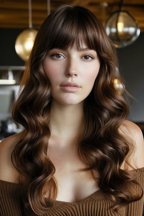 Gorgeous Long Haircuts with Bangs for 2024 Full Bangs Curly Hair, Medium Hair With Fringe, Soft Curls For Medium Hair, Arched Bangs, Layered Long Hair, Curled Hairstyles For Medium Hair, Long Haircuts With Bangs, Dimensional Brunette, Straight Bob Hairstyles