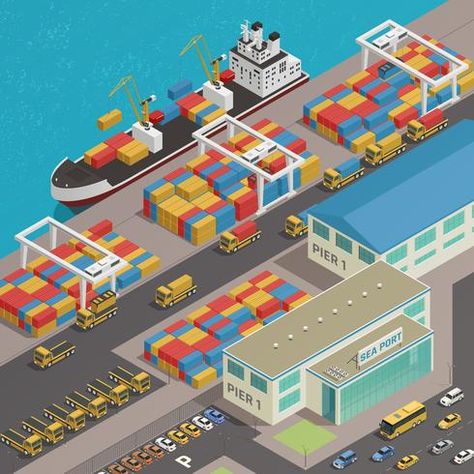 Logistic Illustration, Cargo Ship Illustration, Isometric Map, Urban Design Concept, Cargo Container, Cargo Ship, Freight Forwarder, Logistics Transportation, Isometric Art