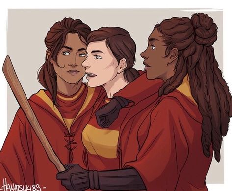 Katie Bell, Alicia Spinnet, Angelina Johnson Quidditch Fanart, Alicia Spinnet, Gryffindor Quidditch Team, Angelina Johnson, Wizard Art, Gryffindor Quidditch, Hp Fanart, Hogwarts Library, Gryffindor Pride