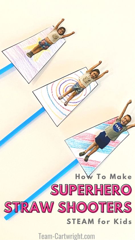 Text: How To Make Superhero Straw Shooters STEAM for Kids. Picture: 3 personalized superhero shooters using pictures of real kids as the superheroes. Superhero Elementary Art, Super Hero Science Preschool, Super Hero Learning Activities, Preschool Mirror Craft, Super Hero Crafts For Preschoolers, Prek Superhero Activities, Superhero Craft Preschool, Spider Man Arts And Crafts, Superhero Classroom Activities