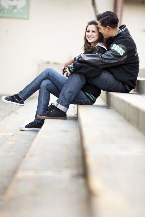 high school engagement session    #highschool #love #marriage #steps #letterman #jacket Letterman Jacket Couple Pictures, High School Couple Photoshoot, Highschool Couple Photoshoot, High School Couples Pictures, Highschool Love, Adoption Pictures, Football Relationship, High School Couples, Sr Photos