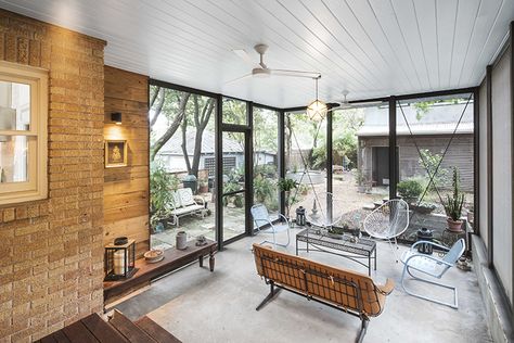 Kenwood Residence — MERZBAU DESIGN COLLECTIVE Mid Century Sunroom, Enclosed Sunroom Ideas, Modern Sunroom Ideas, Modern Fireplace Tiles, Modern Sunroom, Mid Century Modern Fireplace, 1930s Bungalow, Four Seasons Room, Sunroom Ideas