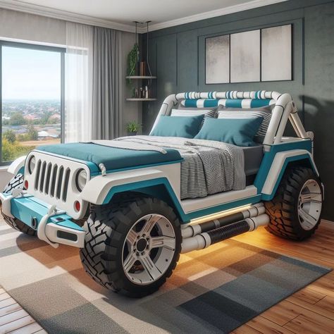 Brand New Jeep-Shaped Beds: Adventure Begins at Bedtime Jeep Bed, Weird Beds, Cool Beds For Kids, Safari Bedroom, Amazing Bedroom Designs, Beds For Kids, Unique Sofas, Bed Design Modern, Unique Furniture Pieces