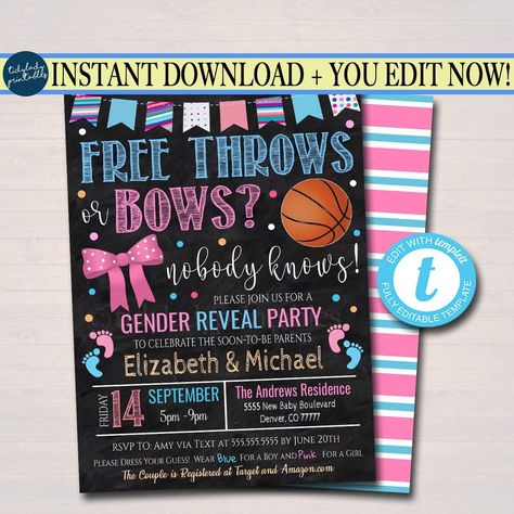 Basketball Gender Reveal, Bows Gender Reveal, Bow Gender Reveal, Pink Basketball, Gender Reveal Party Invitations, Team Pink, Basketball Theme, Sports Baby, Baby Q