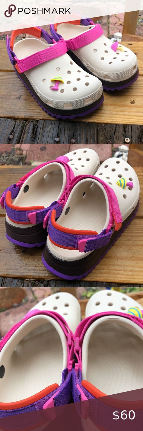 CROCS Hiker Clogs Women’s 9 Pink & Purple NWOT Clogs Women, Orange Heels, Crocs Shoes, Womens Clogs, Pink Top, Lug Sole, Strap Heels, Pink Tops, Pink Purple