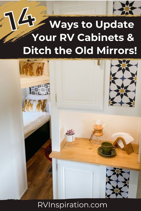 RV cabinets are often the cause for wanting to renovate a camper. But one other thing RVers tend to hate? The mirrors built into the RV cabinets. In this article, we're tackling the pesky problem of what to do with those RV cabinet mirrors! We have solutions for covering, replacing, or updating your RV cabinet mirrors to reflect your personal style. Check out our 14 ways to cover your RV cabinets and ditch the old mirrors for good! #rvrenovation #rvinspiration Camper Cabinet Makeover, Update Rv Cabinet Doors, Camper Glass Cabinet Redo, Rv Mirror Ideas, Rv Glass Cabinet Makeover, Camper Cabinet Redo, Rv Medicine Cabinet, Cover Glass Cabinet Doors, Rv Newbies