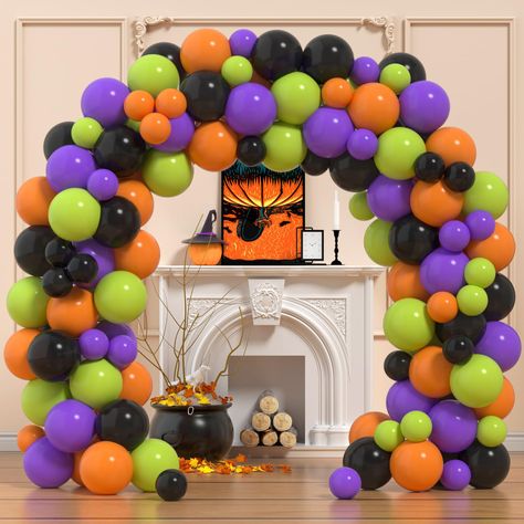 PRICES MAY VARY. Package Content: 120 pcs Halloween balloons arch kit include black, orange, green and purple color, each color contents 20 pcs 12 inch balloons and 10 pcs 5 inch balloons. Tie tools, balloon strip tape, adhesive dots are available Premium Quality: Halloween party balloons garland set are made in quality latex which safe to use around children.The color of balloons is purple, green,orange and black, perfect decorations for Halloween party. Each latex balloon is in 20% thicker tha Halloween House Party Decorations, Halloween Birthday Party Decorations, Balloon Wreath, Halloween Balloon, Fest Temaer, Orange Balloons, Halloween Balloons, Purple Balloons, Balloon Kit