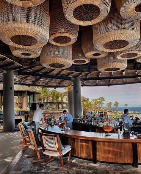 Open Restaurant Design, Bamboo Light Fixture, Boho Restaurant, Beach Restaurant Design, Interior Design Studios, Zanzibar Hotels, Open Restaurant, Coffee Restaurants, Bamboo Bar