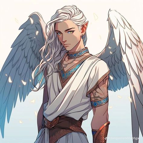 Avariel Elf Dnd, Aasimar Dnd Male, Dragon Man Art, Angel Character Design Male, Aasimar Art, Aasimar Character Design, Aasimar Wizard, Aasimar Ranger, Aasimar Druid