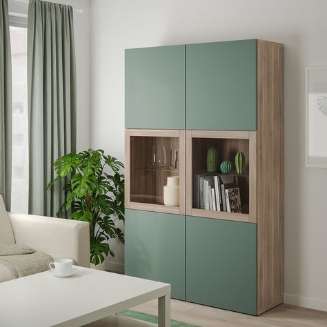 IKEA BESTA Walnut Effect Light Gray, Notviken Gray-Green Clear Glass Storage combination w/glass doors Besta Ikea, Ikea Units, Furniture Dolly, Ikea Besta, Oak Bookcase, Organization Furniture, Frame Shelf, Cheap Furniture, Front Room