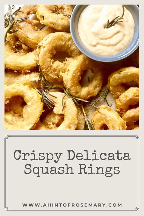 Serve as an appetizer, side dish or as a snack. Top off these delicious Crispy Delicata Squash Rings with fried fresh herbs and flaked sea salt. Dipping sauce optional. ♡ A Hint of Rosemary #appetizers #sides #sidedishes #glutenfree #vegetarian #snacks #ahintofrosemary Delicata Squash Appetizer, Fried Delicata Squash, Squash Appetizers, Squash Rings, Delicata Squash, Snack Treat, Vegetarian Snacks, Gluten Intolerance, Squash Recipes