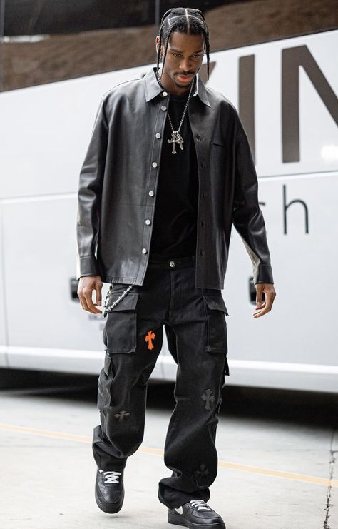 Revenge Storm Outfit, High End Streetwear Fashion, Street Ware Aesthetic, Sga Outfits, Rapper Style Outfits, Shai Outfit, Leather Overshirt Outfit, Shai Fits, Goth Aesthetic Men