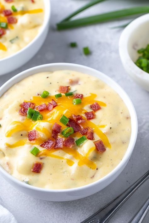 This Loaded Baked Potato Soup is an easy, creamy and hearty soup. Loaded with sharp cheddar cheese, bacon and green onions, it’s the ultimate comfort food soup for baked potato lovers! #potatosoup Loaded Potato Soup Recipe, Baked Potato Toppings, Potato Bacon Soup, Comfort Soup Recipes, Restaurant Inspired Recipes, Loaded Potato Soup, Bacon Soup, Loaded Baked Potato Soup, Creamy Potato Soup