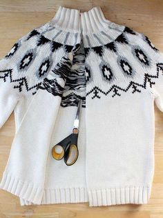 Turn an unflattering pullover sweater into a more wearable and versatile cardigan with this easy-to-follow sewing tutorial. Jacket Tutorial, Ropa Upcycling, Tutorial Sewing, Recycled Sweaters, Sweater Refashion, Sew Ins, Repurposed Clothing, Old Sweater, Upcycle Sweater