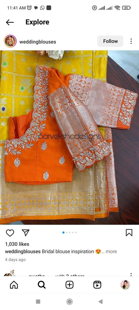 Orange Saree Look, Dark Green Blouse Designs, Yellow Bridal Saree, Indian Styling, Indian Maternity, Green Blouse Designs, Maggam Designs, Embroidered Blouses, Maggam Blouse