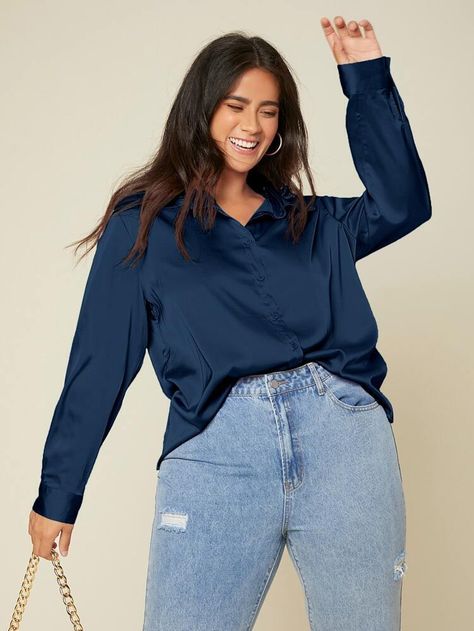 SHEIN Unity Plus Solid Button Up Satin Shirt | SHEIN USA Navy Blue Satin Shirt Outfit, Satin Crop Top Outfits, Hijab Plus Size, Blue Blouse Outfit, Classy Plus Size Outfits, Satin Shirt Outfit, Winter Fasion, Satin Blouse Outfit, Blue Oxford Shirt