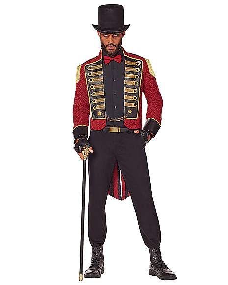 Adult Ringmaster Jacket - Spirithalloween.com Burgular Costume, Ringmaster Jacket, Home Halloween Costumes, Ringmaster Costume, Unique Couple Halloween Costumes, Dare Devil, Come One Come All, Maroon Jacket, Striped Hat