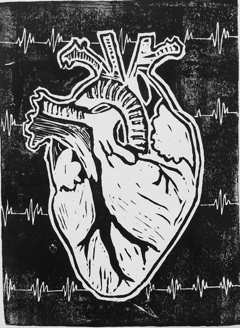 Horror Linocut, Printmaking Ideas Simple, Printmaking Art Ideas, Heart Linocut, Simple Printmaking, Printmaking Linocut, Woodcut Printmaking, Linoleum Printmaking, Linocut Artists