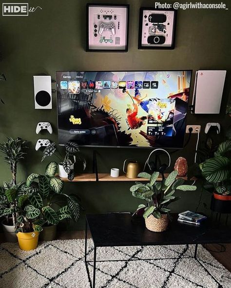 Gamers Living Room, Ps5 Aesthetic Setup Living Room, Xbox Series X Setup Ideas, Ps5 Setup Bedroom Tv, Living Room Tv Ps5, Xbox Series S Gaming Setup, Xbox Series S Setup, Ps5 Mount On Wall, Ps5 And Xbox Series X Setup