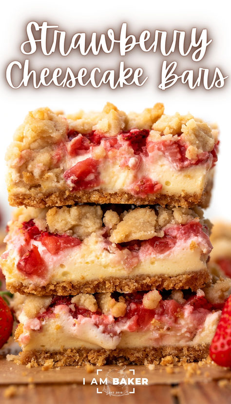 Strawberry Cheesecake Bars are dessert bars with a cheesecake filling layered with fresh strawberries over a graham cracker crust and topped with a crumble topping. All three layers give these bars a delicious bite every time, perfect for any occasion! Fresh Strawberry Recipes Desserts, Baking Bars, Strawberry Cheesecake Bars, Evil Bunny, Easiest Dessert, Fresh Strawberry Recipes, Easter 2024, Bakery Items, Cheesecake Bar Recipes