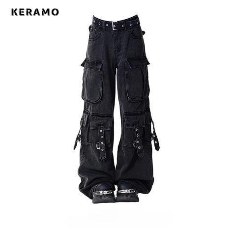 American Vintage Belted Design Pockets Emo Jeans Women's Casual 2000s Pants Baggy Y2K Wide Leg Emo Pants, Emo Jeans, 2000s Pants, Y2k Cargo Pants, Jeans Grunge, Grunge Jeans, Baggy Cargo Pants, Streetwear Jeans, Black Cargo Pants