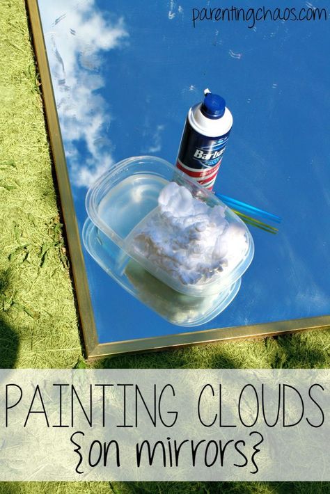 Shaving Cream Clouds on a Mirror Cloud Activities, Preschool Weather, Decoration Mirror, Reggio Classroom, Weather Projects, Weather Theme, Mirror Decoration, Sensory Art, Decor Mirror