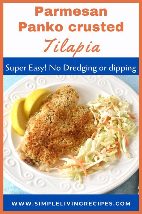 tilapia fillet with parmesan panko crust on top, salad on the side and lemon wedges, all on a white plate. Panko Tilapia Baked, Panko Tilapia, Tilapia Recipes Baked, Panko Crusted Tilapia, Oven Baked Tilapia, Baked Tilapia Recipes, Frozen Tilapia, Crusted Tilapia, Baked Tilapia