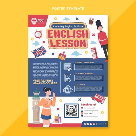 Handout Design School, Educational Advertisement, English Poster, Tutor Poster Design, English Drawing, Education Poster Design Ideas, Study In Uk Poster Design, Spoken English Poster Design, Informative Poster